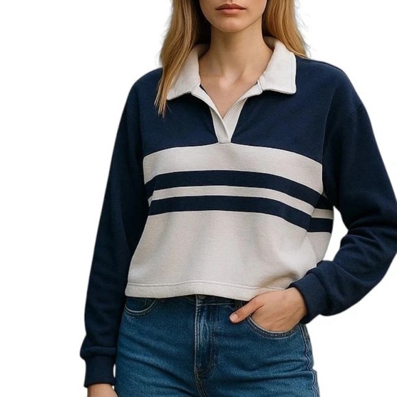7 For All Mankind Striped Navy Blue White Terry Lounge Crop Top Sweater XL NWT - Picture 1 of 13